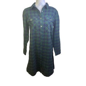 Umgee  Shirt Dress Small Green Navy Plaid Long Sleeve